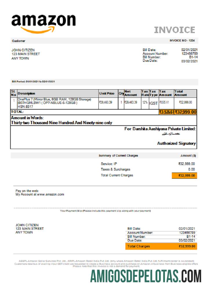 Fatura da Amazon nos EUA amostra